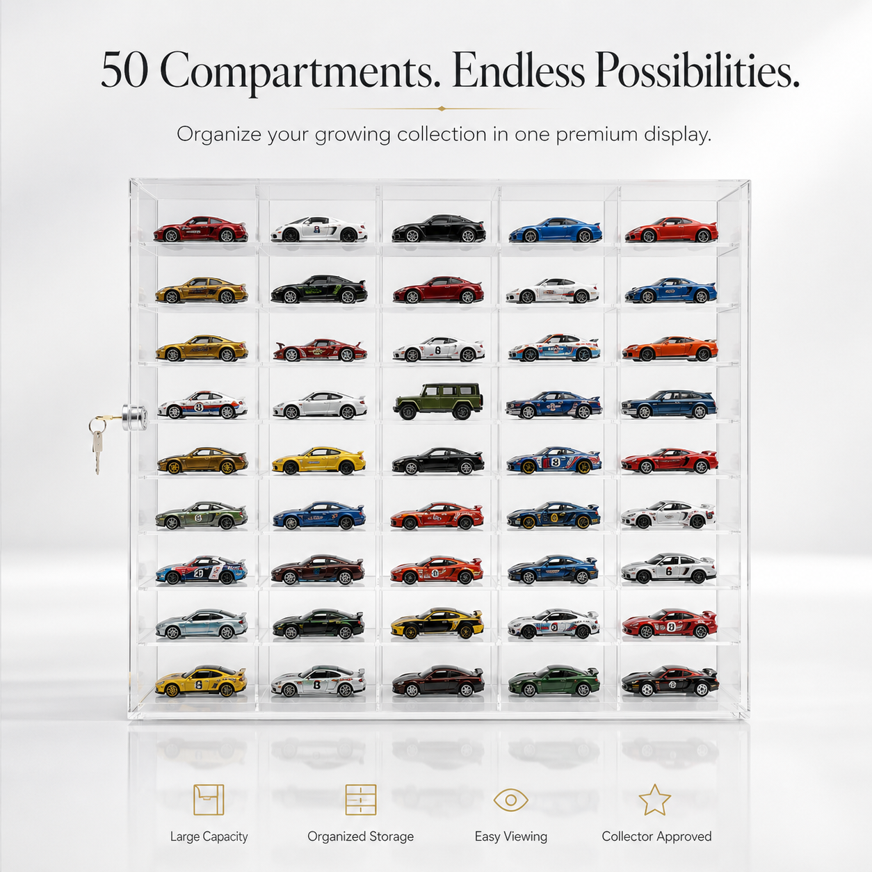 50 Compartments Display with Sliding Cover for 1:64 Scale Cars