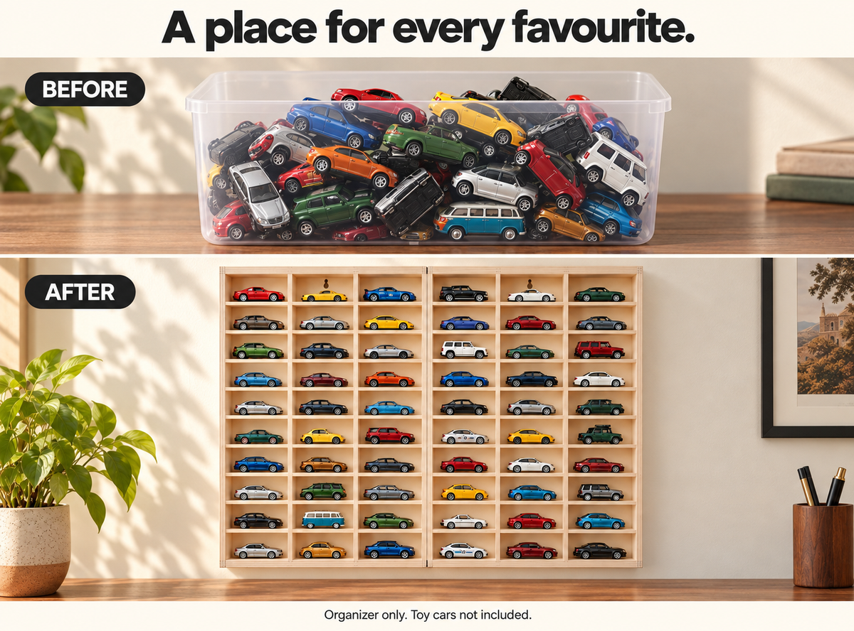 Before and after using the 60-slot miniature car organizer; toy cars not included