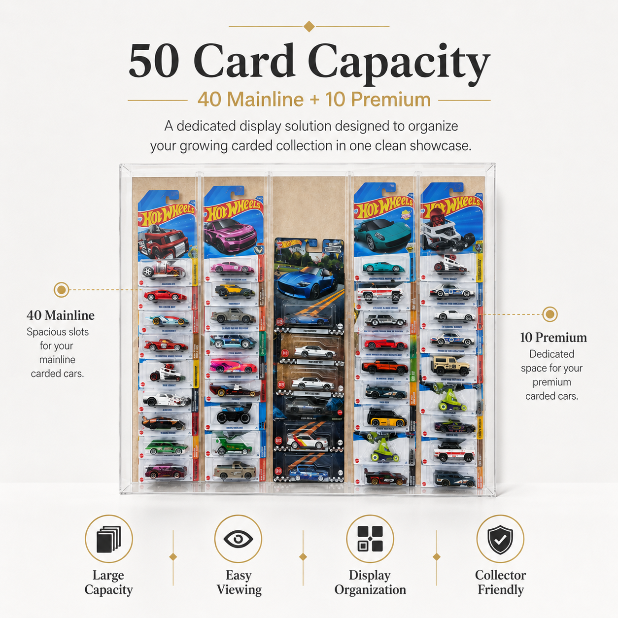 Wall Hanging Card Holder for 40 Mainline & 10 Premium Carded Hotwheels